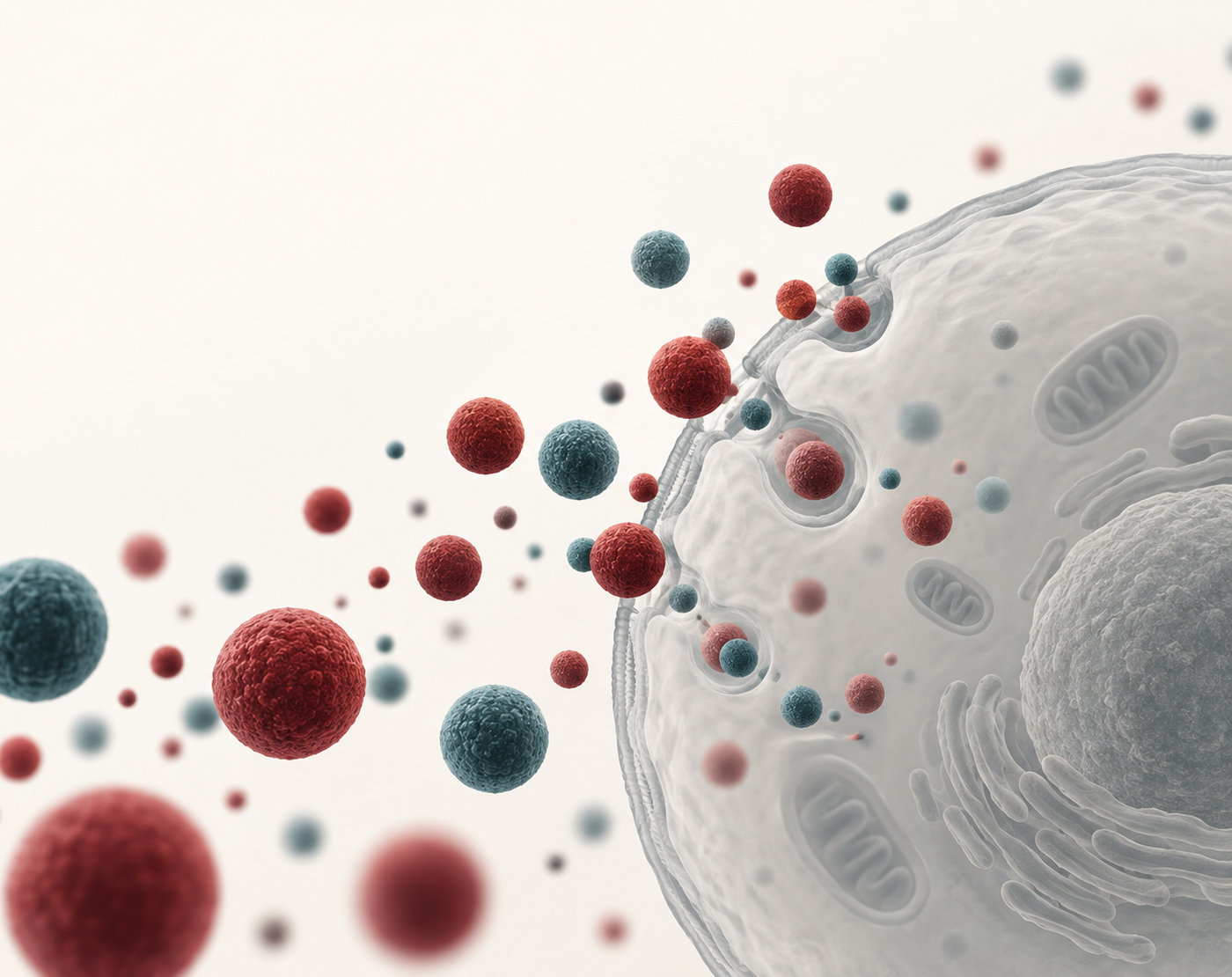 Illustration of crimson and teal nanoparticles drifting toward a cell and crossing its membrane.