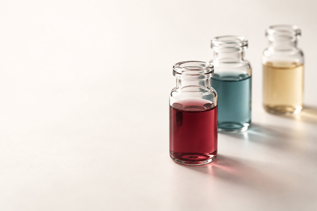 Three small glass vials holding crimson, teal and amber solutions on a pale surface.